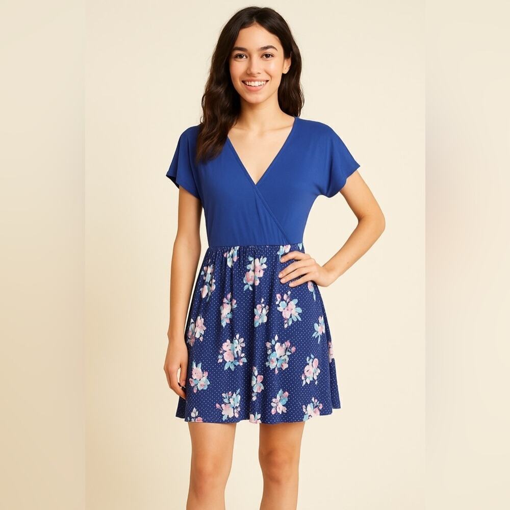 NWT ModCloth Women's Blue Polka Dot Floral A-Line Mini Dress Women’s Size L NWT